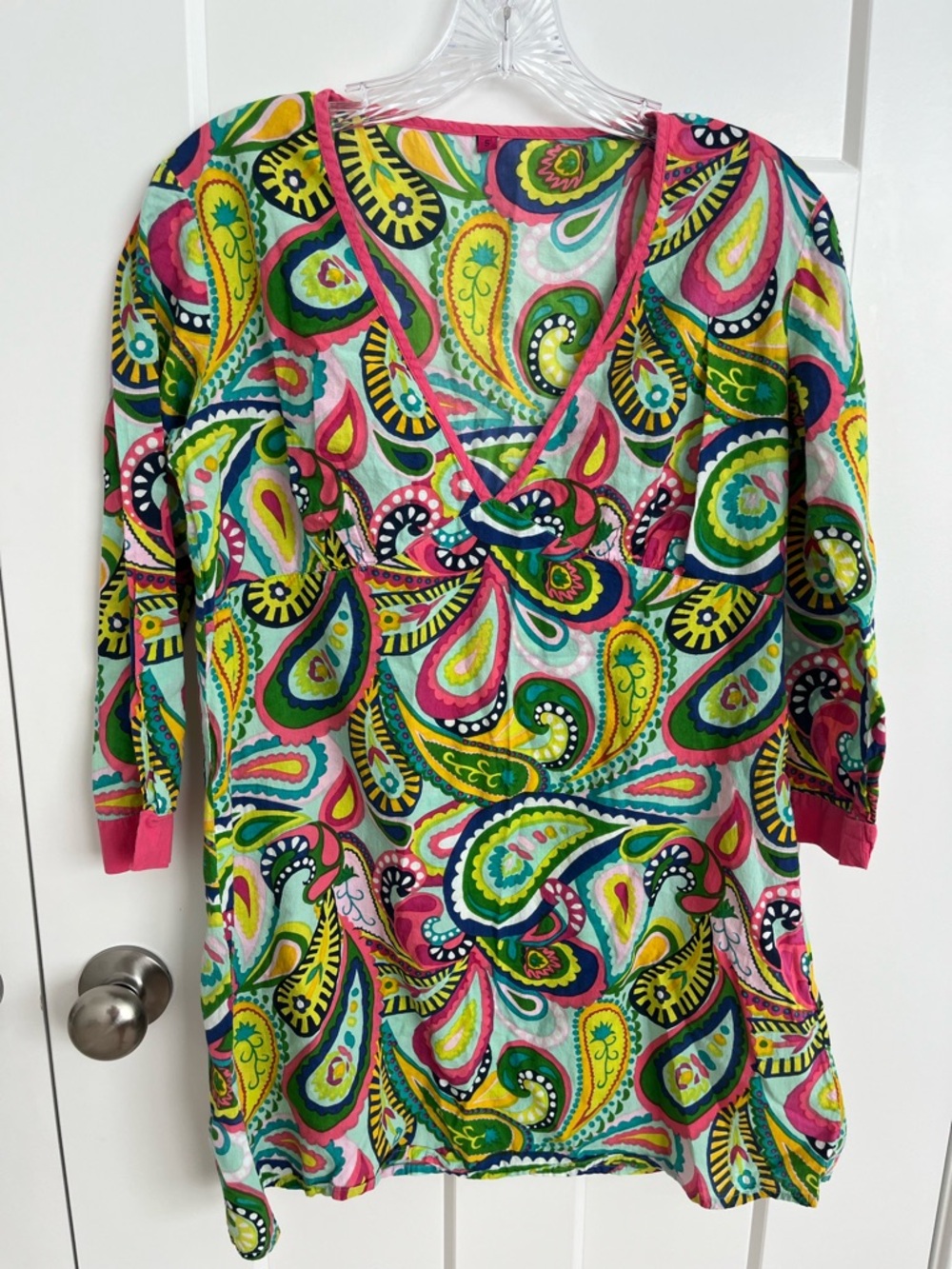 Y2K Paisley Boho Tunic Top S Bright Colorful Hippie Festival V Neck Dopamine